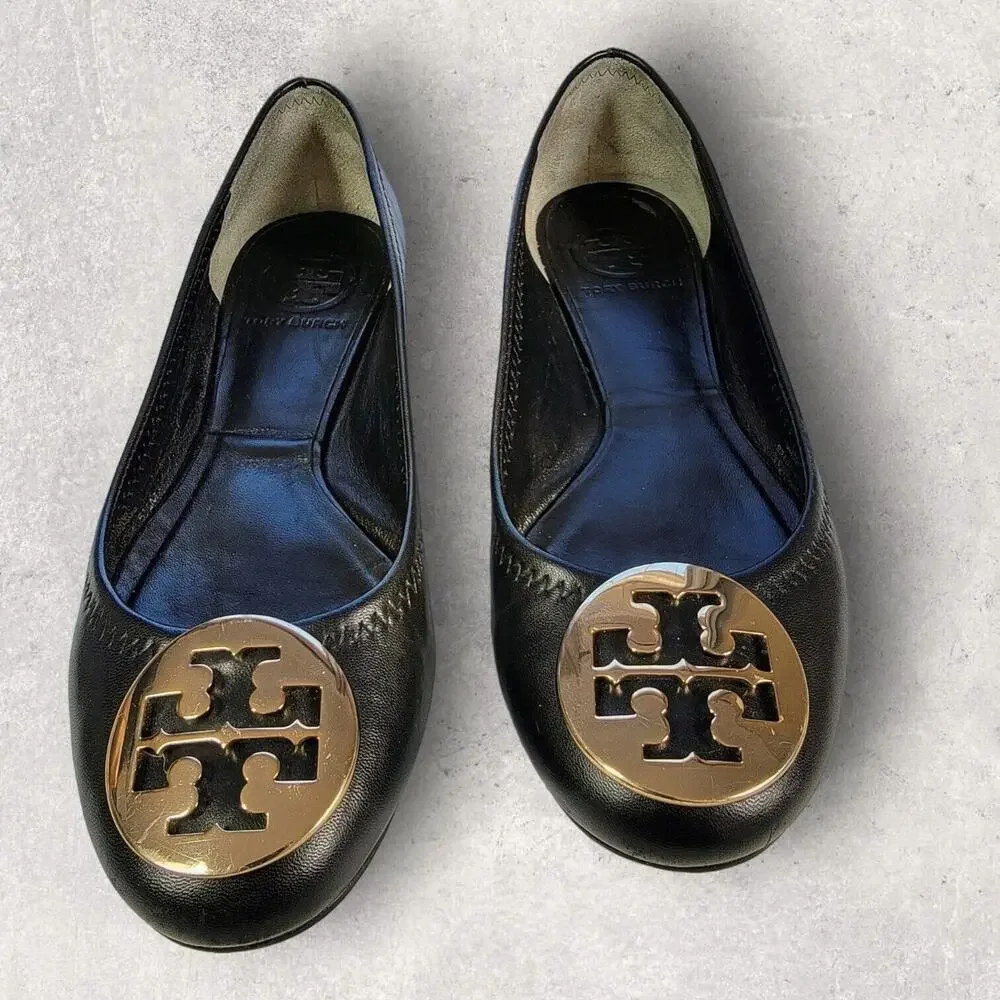 Tory Burch Womens Black Leather Ballet Flats Shoes 5.5 Slip On Gold Logo Travel